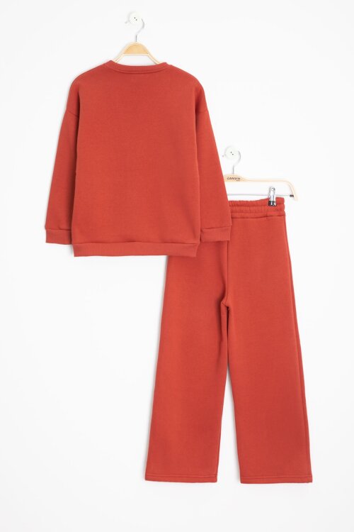 Kiremit Çiçek Nakışlı Şardonlu Kız Çocuk Geniş Paça Eşofman Takımı 23348