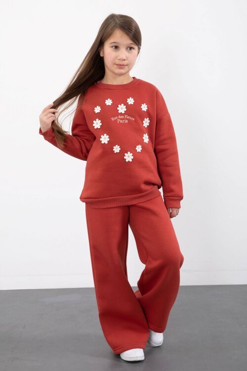 Kiremit Çiçek Nakışlı Şardonlu Kız Çocuk Geniş Paça Eşofman Takımı 23348