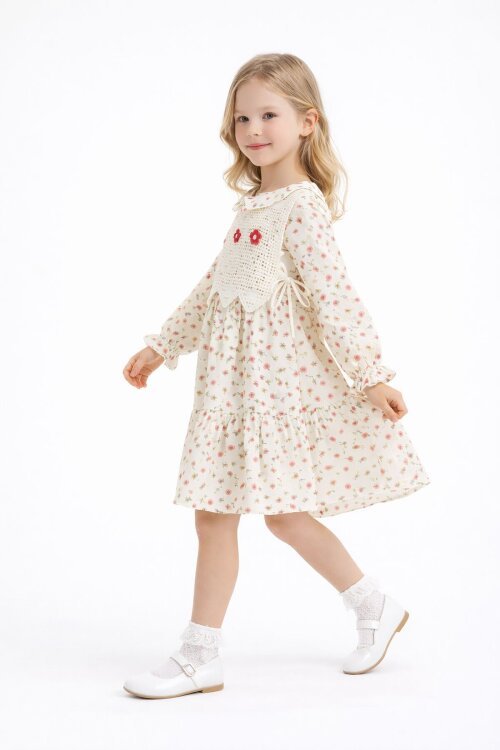 Kırmızı Çiçek Desenli Nakışlı Süveterli Kız Çocuk Müslin Elbise  23578