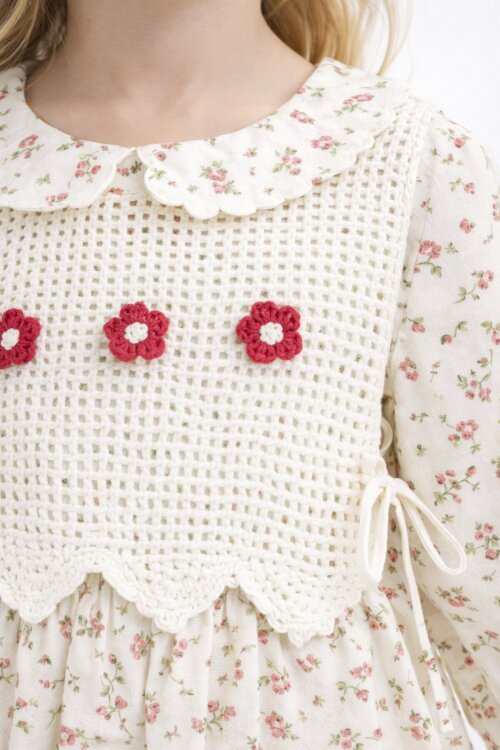 Kırmızı Çiçek Desenli Nakışlı Süveterli Kız Çocuk Müslin Elbise  23578