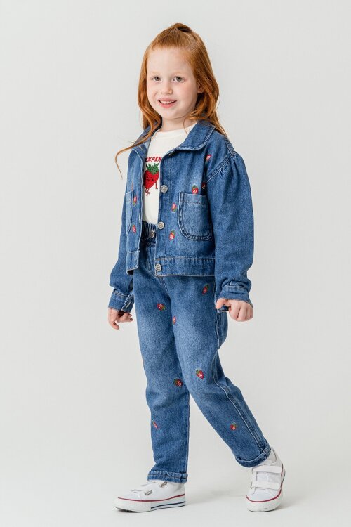 Kırmızı Çilek Nakışlı Jean Ceketli Pantolonlu Kız Çocuk 3lü Takım 23430