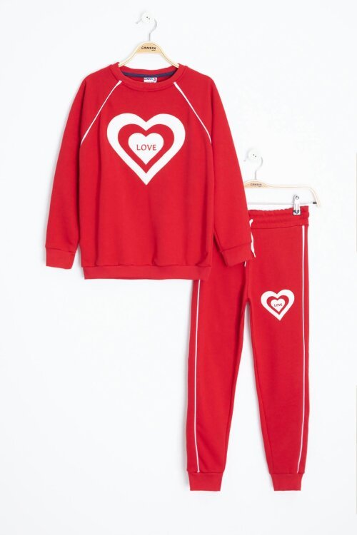 Kırmızı Kalp Desenli Kız Çocuk Şeritli Eşofman Takımı 23345