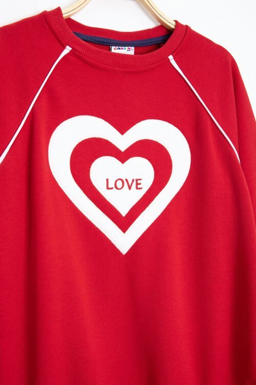 Kırmızı Kalp Desenli Kız Çocuk Şeritli Eşofman Takımı 23345