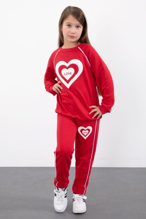 Kırmızı Kalp Desenli Kız Çocuk Şeritli Eşofman Takımı 23345