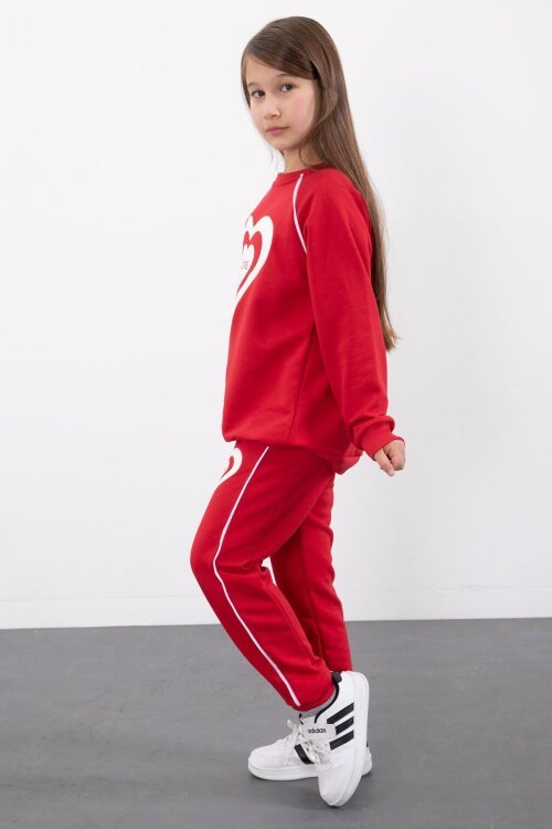 Kırmızı Kalp Desenli Kız Çocuk Şeritli Eşofman Takımı 23345