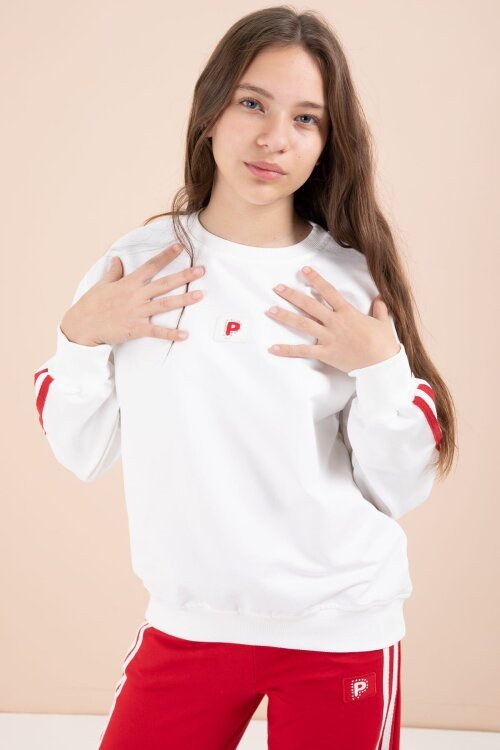 Kırmızı Şerit Detaylı Geniş Paça Nakışlı Kız Oversize Eşofman Takımı 23454