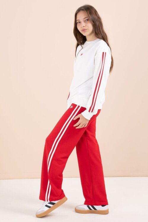 Kırmızı Şerit Detaylı Geniş Paça Nakışlı Kız Oversize Eşofman Takımı 23454