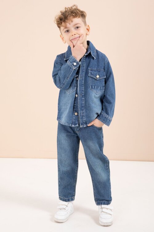 Koyu Mavi Düğmeli Jean Ceketli Pantolonlu Erkek Çocuk 3lü Takım 23629