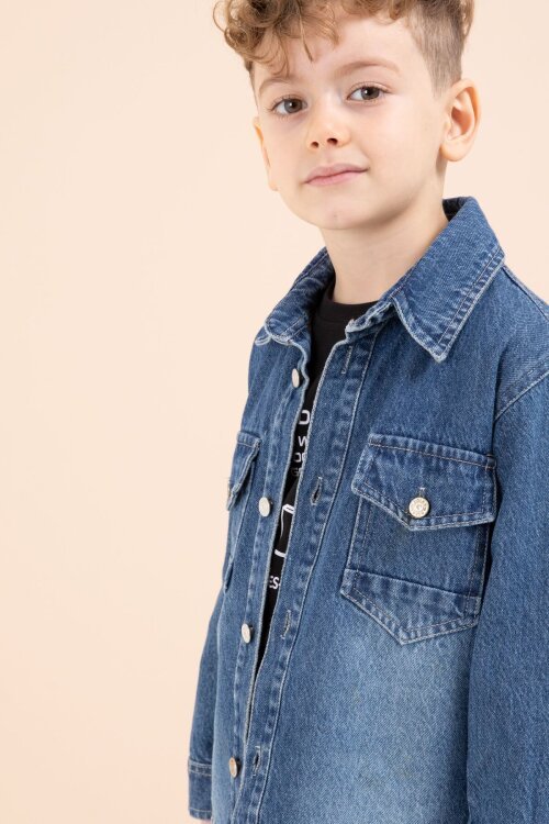 Koyu Mavi Düğmeli Jean Ceketli Pantolonlu Erkek Çocuk 3lü Takım 23629