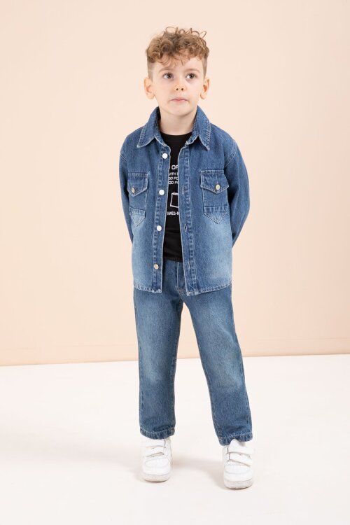 Koyu Mavi Düğmeli Jean Ceketli Pantolonlu Erkek Çocuk 3lü Takım 23629