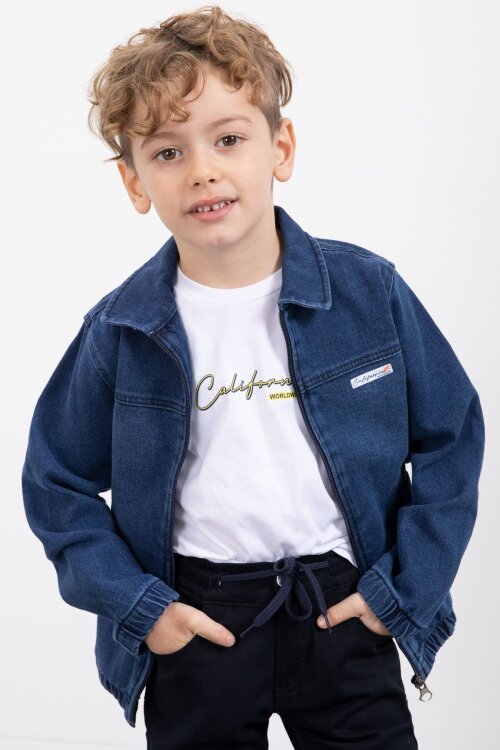 Koyu Mavi Fermuarlı Jean Ceketli Pantolonlu 3lü Erkek Çocuk Takım 20141