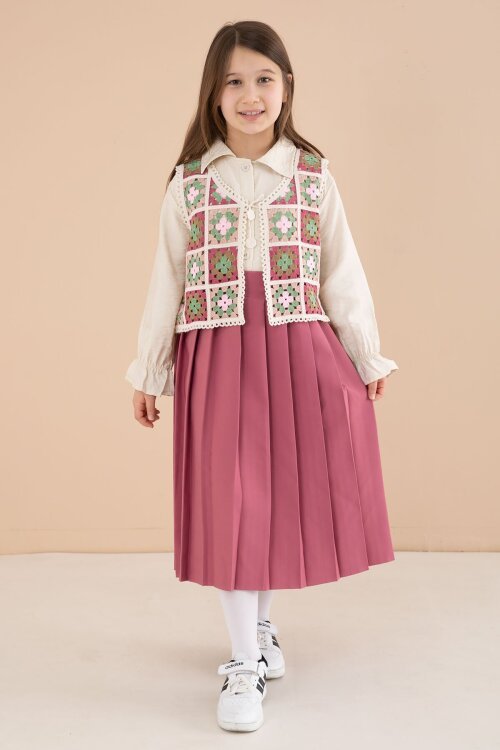 Koyu Pembe Çiçek Desen Örgü Süveterli Gömlekli Kız Çocuk Etekli 3lü Takım  23584
