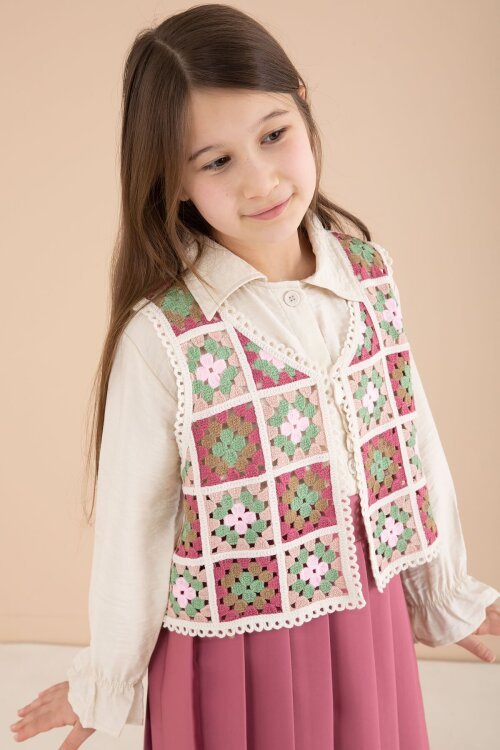 Koyu Pembe Çiçek Desen Örgü Süveterli Gömlekli Kız Çocuk Etekli 3lü Takım  23584