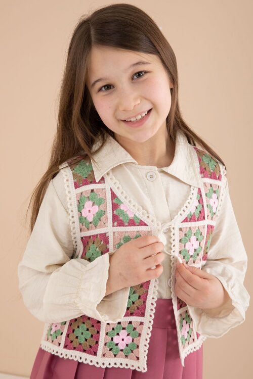 Koyu Pembe Çiçek Desen Örgü Süveterli Gömlekli Kız Çocuk Etekli 3lü Takım  23584