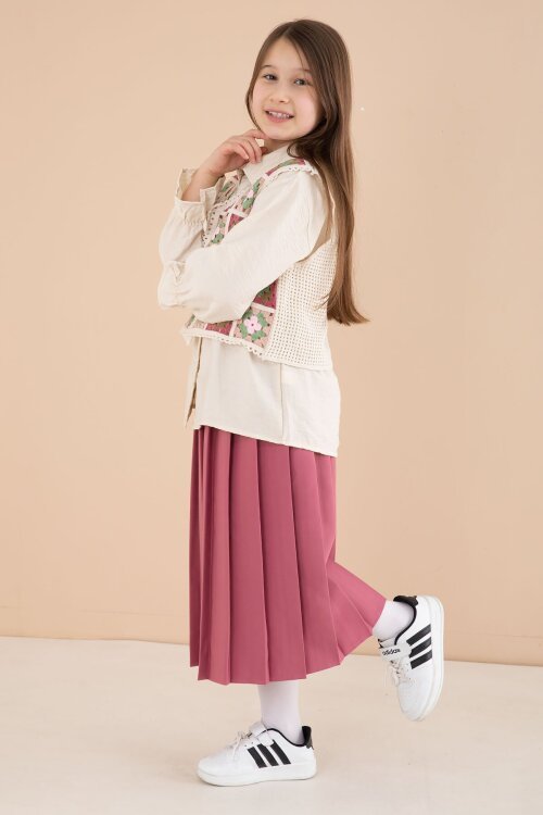 Koyu Pembe Çiçek Desen Örgü Süveterli Gömlekli Kız Çocuk Etekli 3lü Takım  23584