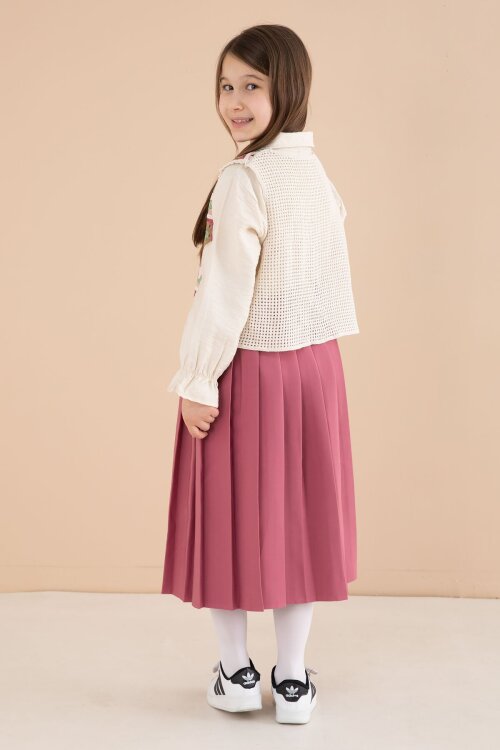 Koyu Pembe Çiçek Desen Örgü Süveterli Gömlekli Kız Çocuk Etekli 3lü Takım  23584