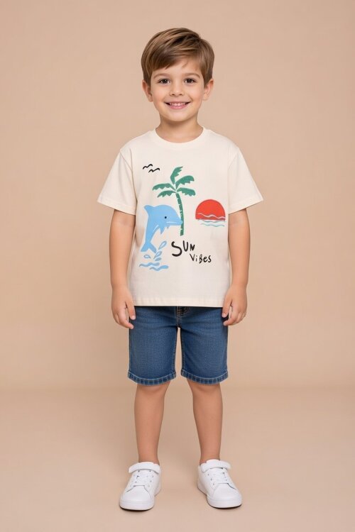 Krem Balık Baskılı Nakışlı Erkek Bebek Bisiklet Yaka Tişört 20945