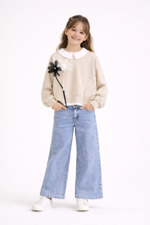 Krem Çiçek Detaylı Badili Gömlekli Kız Çocuk 3lü Alt Üst Takım 23531