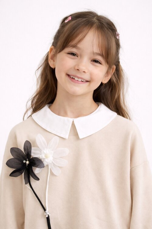 Krem Çiçek Detaylı Badili Gömlekli Kız Çocuk 3lü Alt Üst Takım 23531