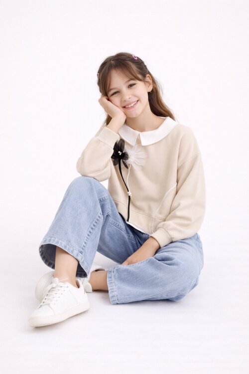 Krem Çiçek Detaylı Badili Gömlekli Kız Çocuk 3lü Alt Üst Takım 23531