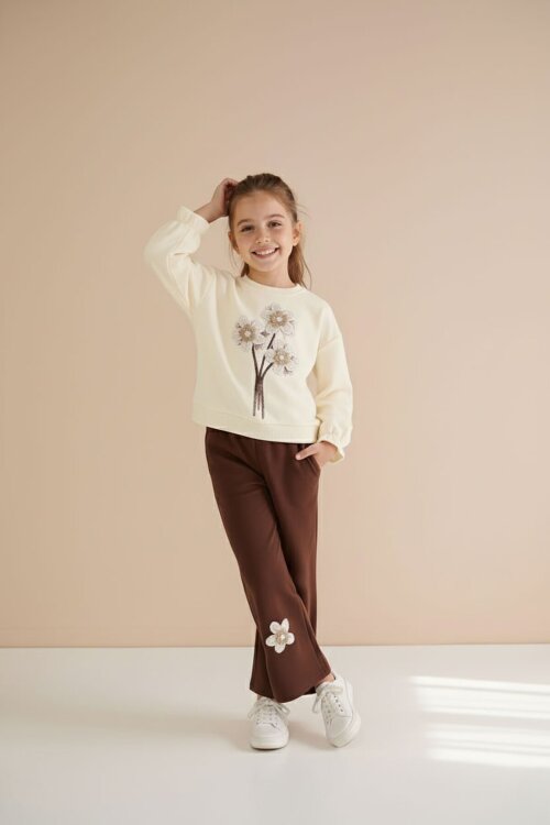 Krem Çiçek Nakış Detaylı Badili Jean Pantolonlu Kız Çocuk 2li Takım 23511