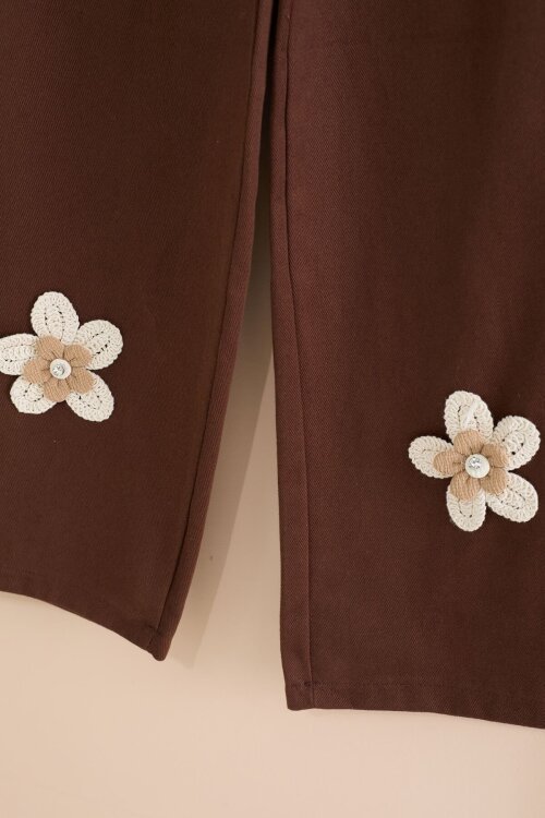 Krem Çiçek Nakış Detaylı Badili Jean Pantolonlu Kız Çocuk 2li Takım 23511