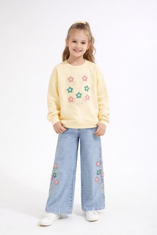 Krem Çiçek Nakışlı Badili Jean Pantolonlu Kız Çocuk Takımı 23515