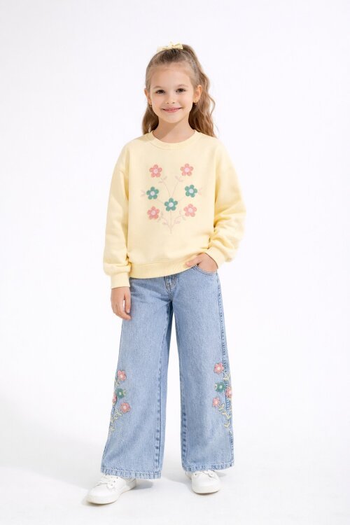 Krem Çiçek Nakışlı Badili Jean Pantolonlu Kız Çocuk Takımı 23515