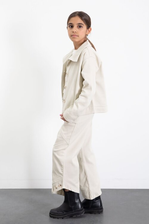 Krem Çift Düğme Detay Gömlekli Pantolonlu Kız Çocuk Gabardin Takım 23541