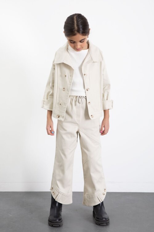 Krem Çift Düğme Detay Gömlekli Pantolonlu Kız Çocuk Gabardin Takım 23541