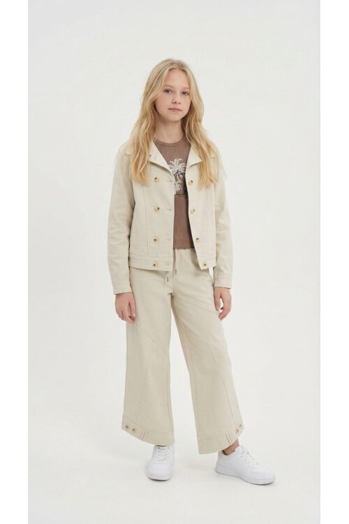 Krem Çift Düğme Detay Gömlekli Pantolonlu Kız Çocuk Gabardin Takım 23541