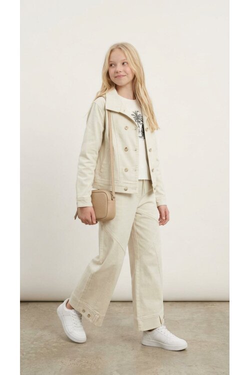 Krem Çift Düğme Detay Gömlekli Pantolonlu Kız Çocuk Gabardin Takım 23541
