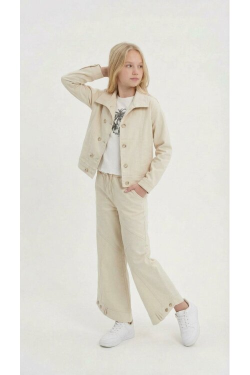Krem Çift Düğme Detay Gömlekli Pantolonlu Kız Çocuk Gabardin Takım 23541