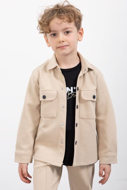 Krem Çıtçıtlı Gömlekli Erkek Çocuk 3lü Tişörtlü Takım  23380