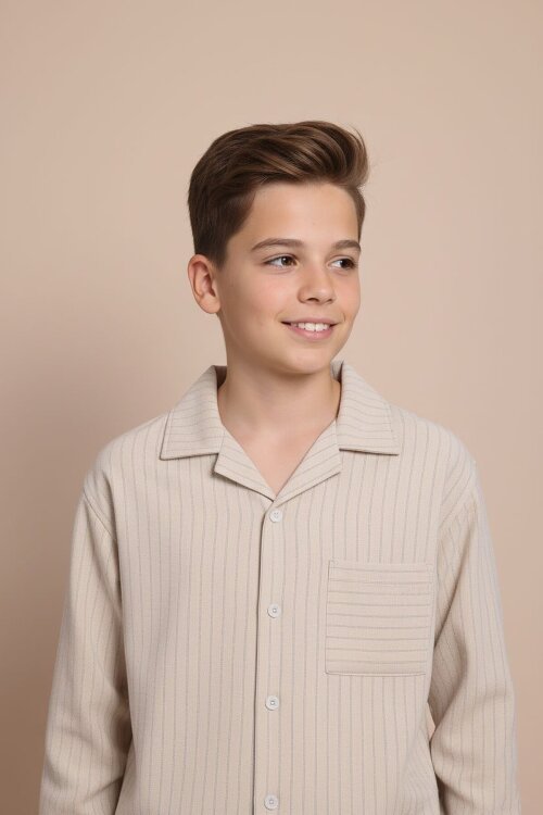 Krem Çizgili Gömlekli Paraşüt Pantolonlu Erkek Çocuk 2li Takım 23262