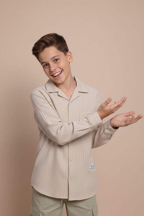 Krem Çizgili Gömlekli Paraşüt Pantolonlu Erkek Çocuk 2li Takım 23262