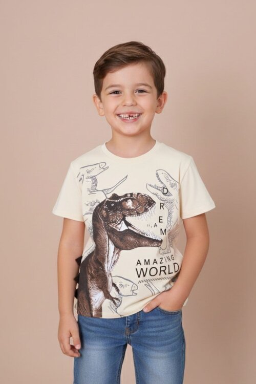 Krem Dinozor Baskılı Bisiklet Yaka Erkek Bebek Tişört 20948