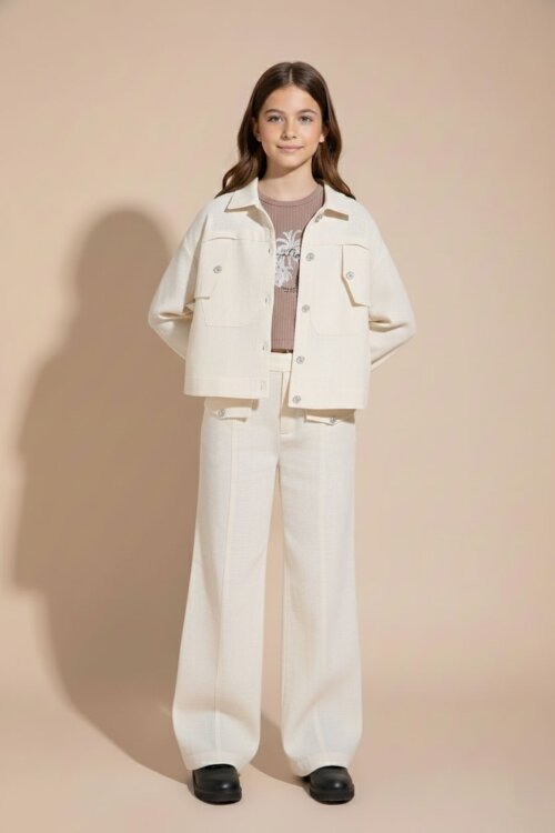 Krem Düğme Detaylı Keten Gömlekli Pantolonlu Kız Çocuk 3lü Takım 23495