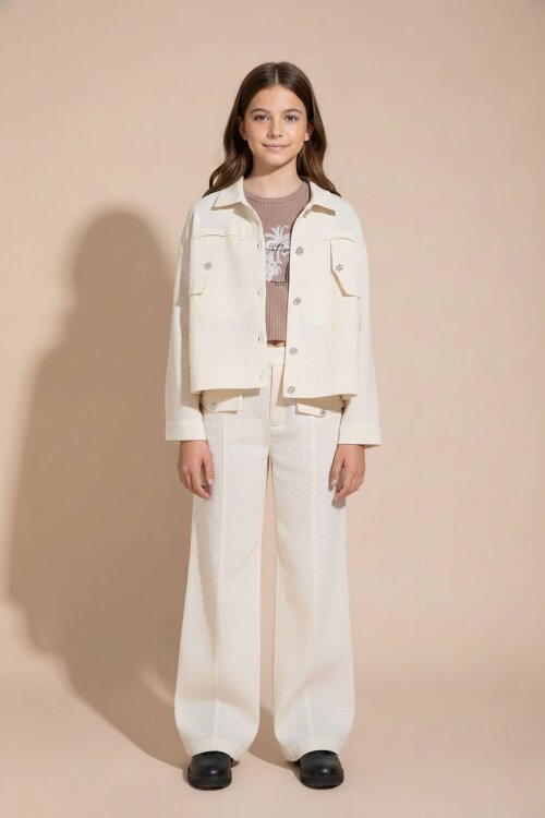 Krem Düğme Detaylı Keten Gömlekli Pantolonlu Kız Çocuk 3lü Takım 23495