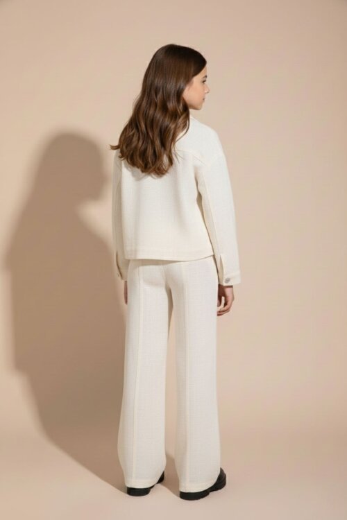 Krem Düğme Detaylı Keten Gömlekli Pantolonlu Kız Çocuk 3lü Takım 23495