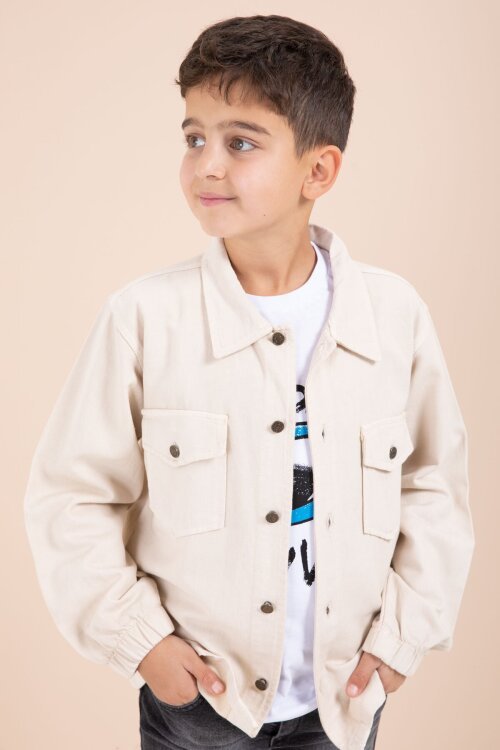 Krem Düğmeli Cepli Gömlekli Jean Pantolonlu Erkek Çocuk 3lü Takım 23635