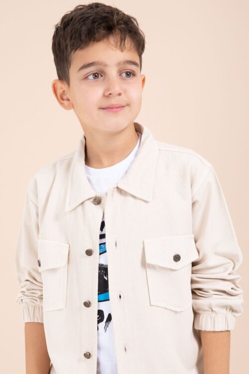 Krem Düğmeli Cepli Gömlekli Jean Pantolonlu Erkek Çocuk 3lü Takım 23635