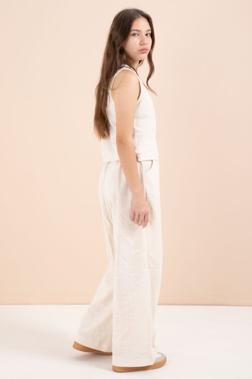 Krem Geniş Paça Pantolonlu Kız Çocuk Keten Croplu Takım 23448