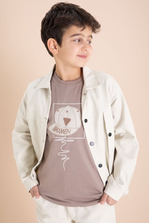 Krem Kargo Cepli Jean Ceketli ve Pantolonlu Erkek Çocuk Tişörtlü 3lü Takım  23537