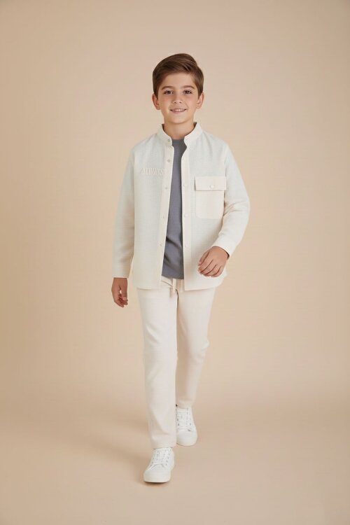 Krem Keten Gömlekli Pantolonlu Erkek Çocuk 3lü Alt Üst Takım  23573