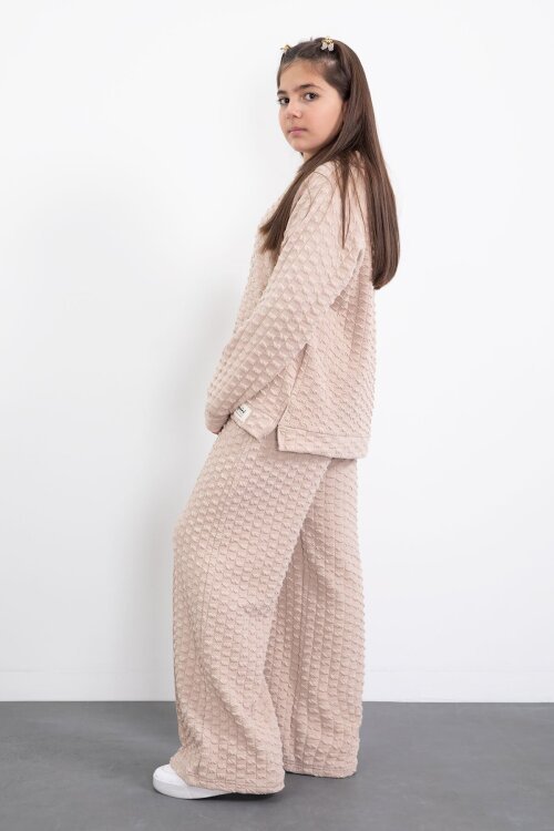 Krem Kız Çocuk Dokulu Geniş Paça Kapüşonlu Eşofman Takımı 23303