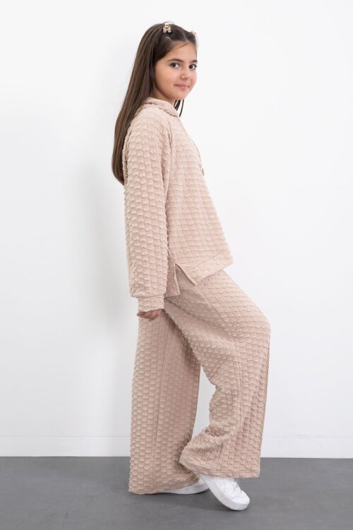 Krem Kız Çocuk Dokulu Geniş Paça Kapüşonlu Eşofman Takımı 23303