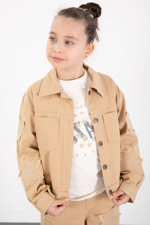 Krem Kolları Star Taşlı Jean Ceketli Kız Çocuk 3lü Alt Üst Takım 23425