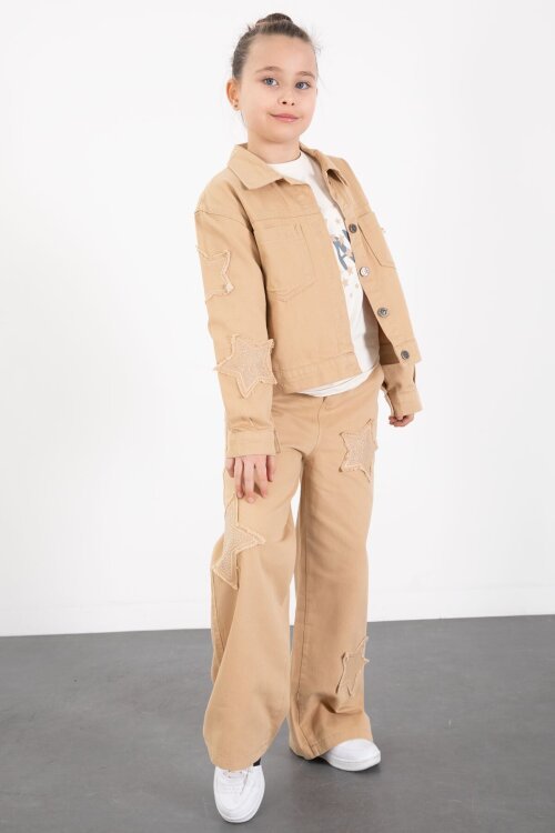 Krem Kolları Star Taşlı Jean Ceketli Kız Çocuk 3lü Alt Üst Takım 23425