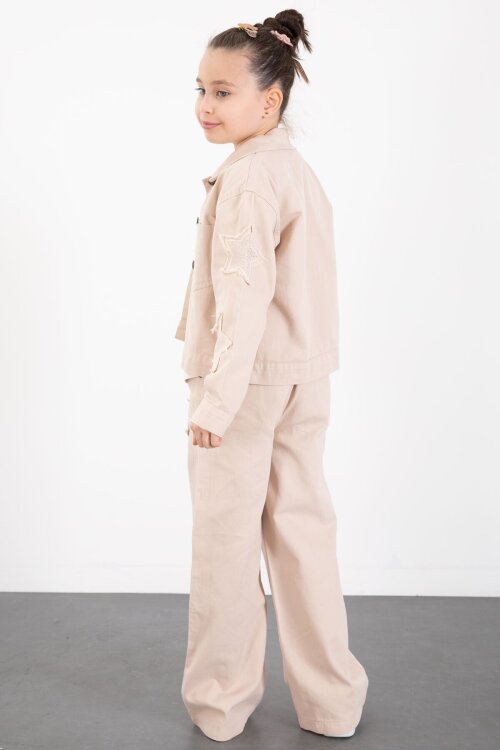 Krem Kolları Star Taşlı Jean Ceketli Kız Çocuk 3lü Alt Üst Takım 23425